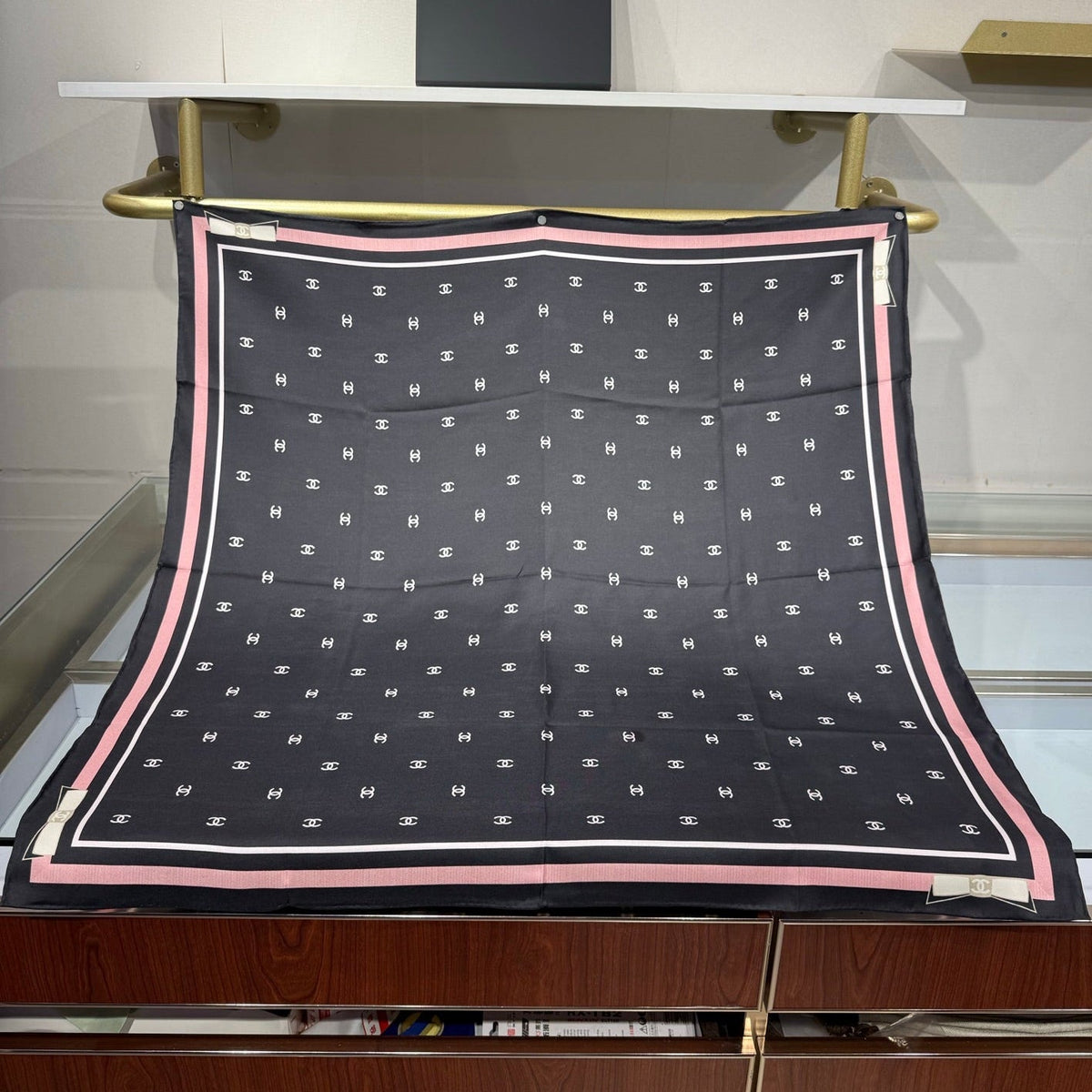 Chanel 2026 Square Scarf 90cm Black Pink Silk Twill 208885