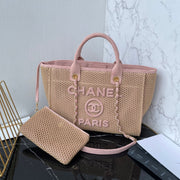 CC 25 Deauville Tote Bag 34cm Beige Pink Crochet Suede