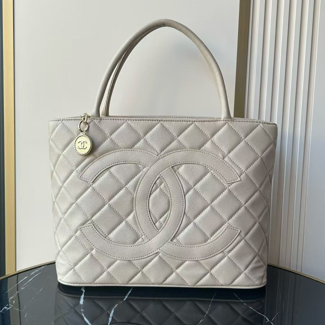 Chanel 2026 Medallion Tote Bag 30cm Light Grey Caviar Cowhide