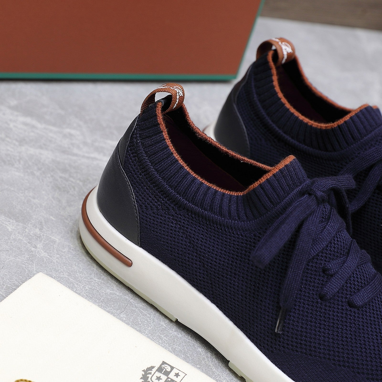 LP lady Flexy Walk Sneaker Navy Blue mix Orange Wool and  Calfskin 310450