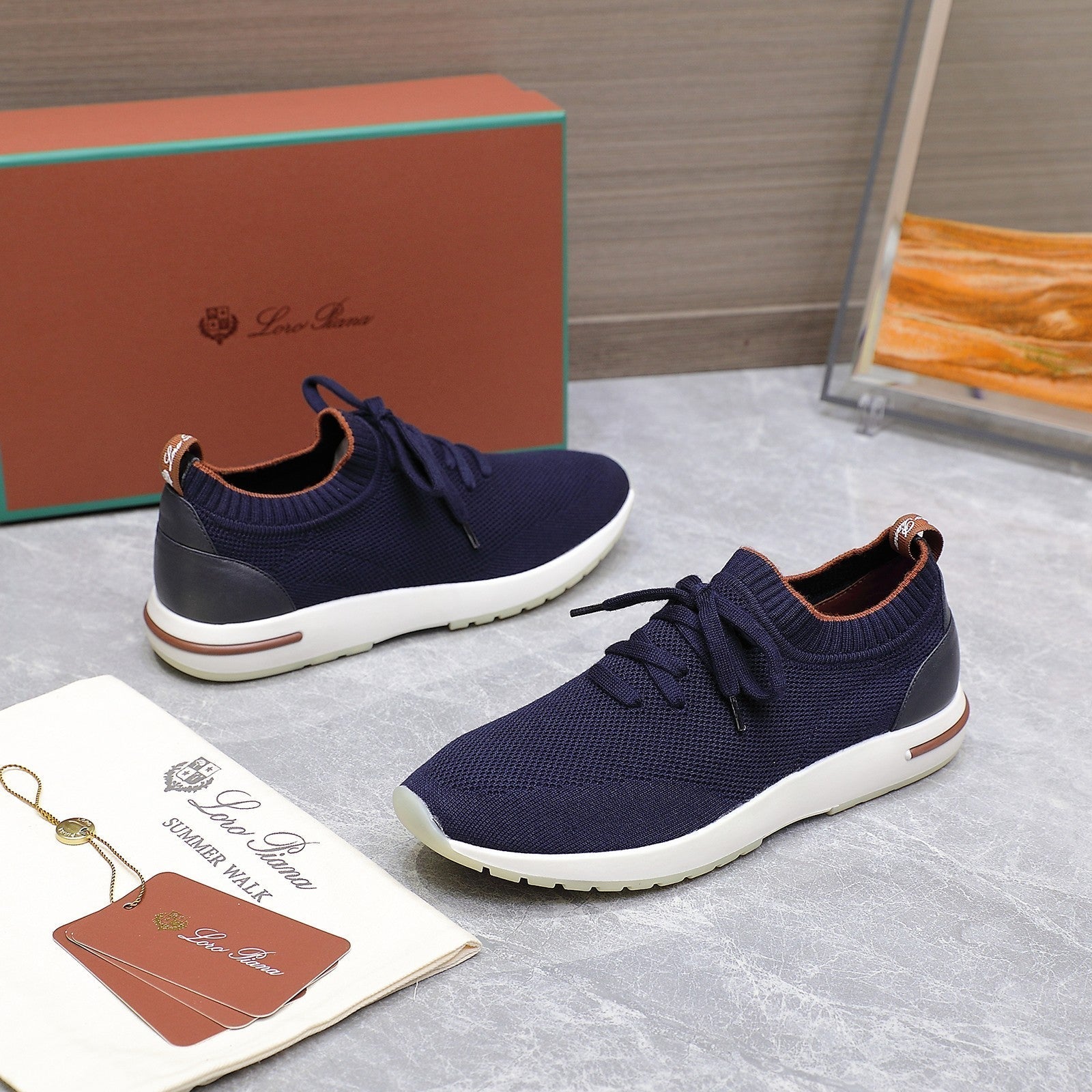 LP lady Flexy Walk Sneaker Navy Blue mix Orange Wool and  Calfskin 310450