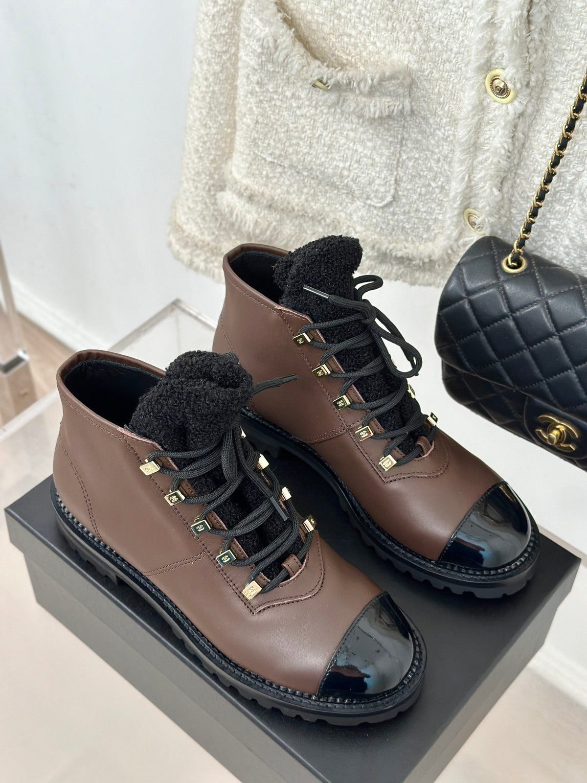 Chanel 2026 Lace-Up Combat Boots Brown Leather Wool 188626