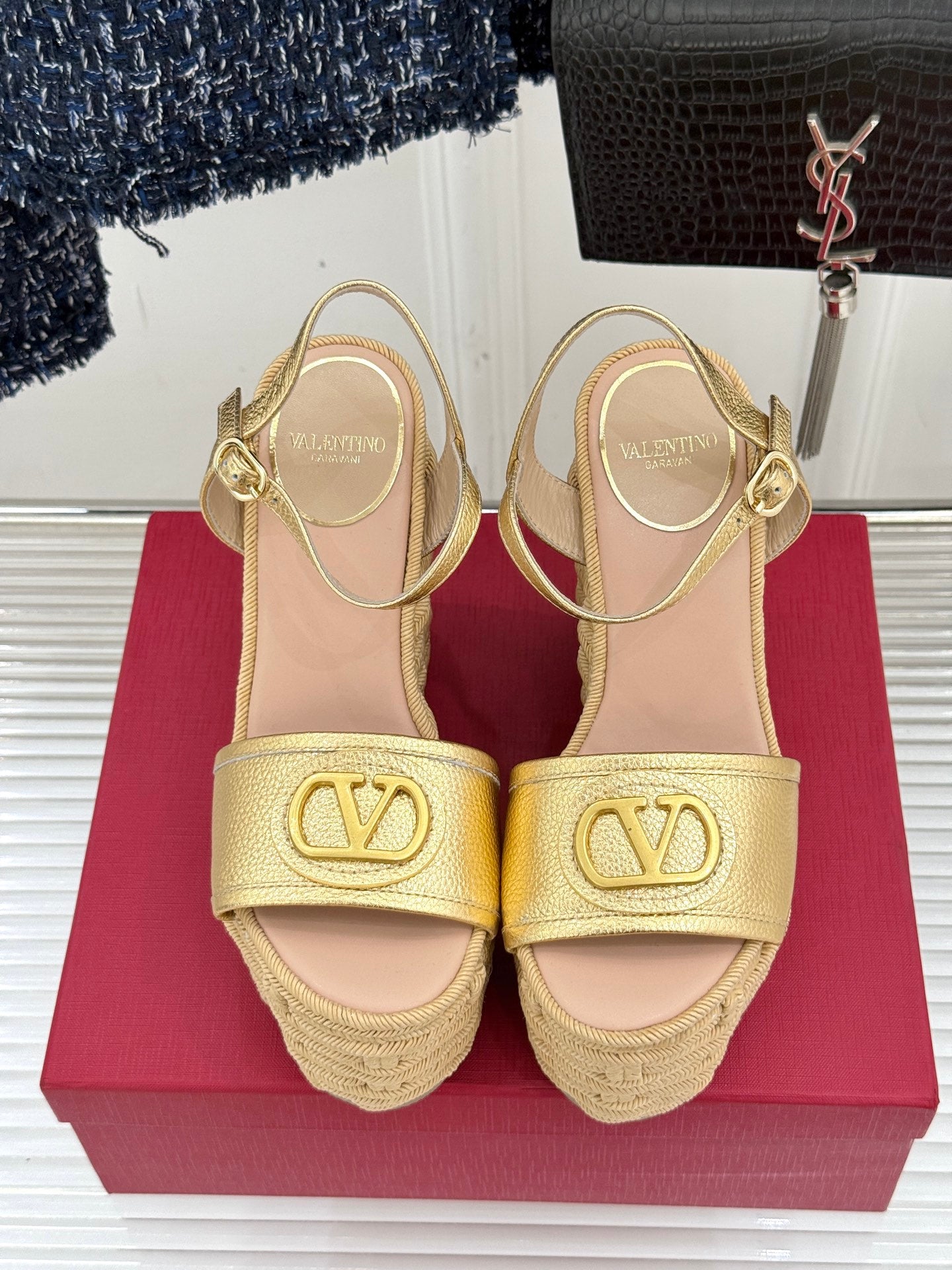 Valentino 2026 V-buckle Platform Sandal 120mm Gold beige Calfskin 161362