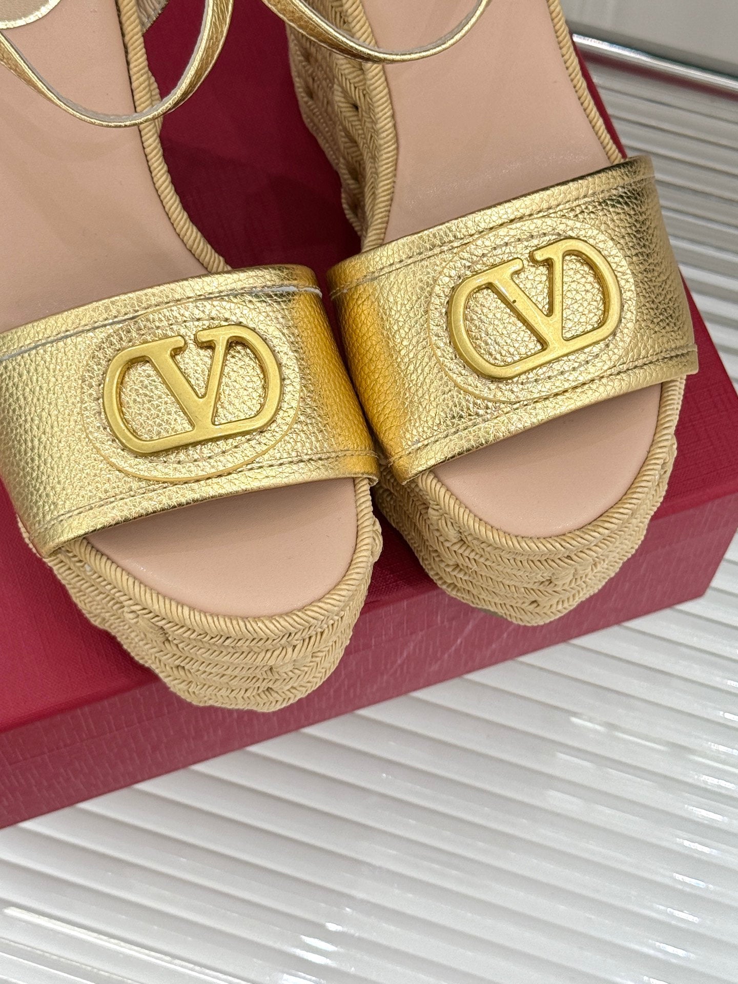 Valentino 2026 V-buckle Platform Sandal 120mm Gold beige Calfskin 161362