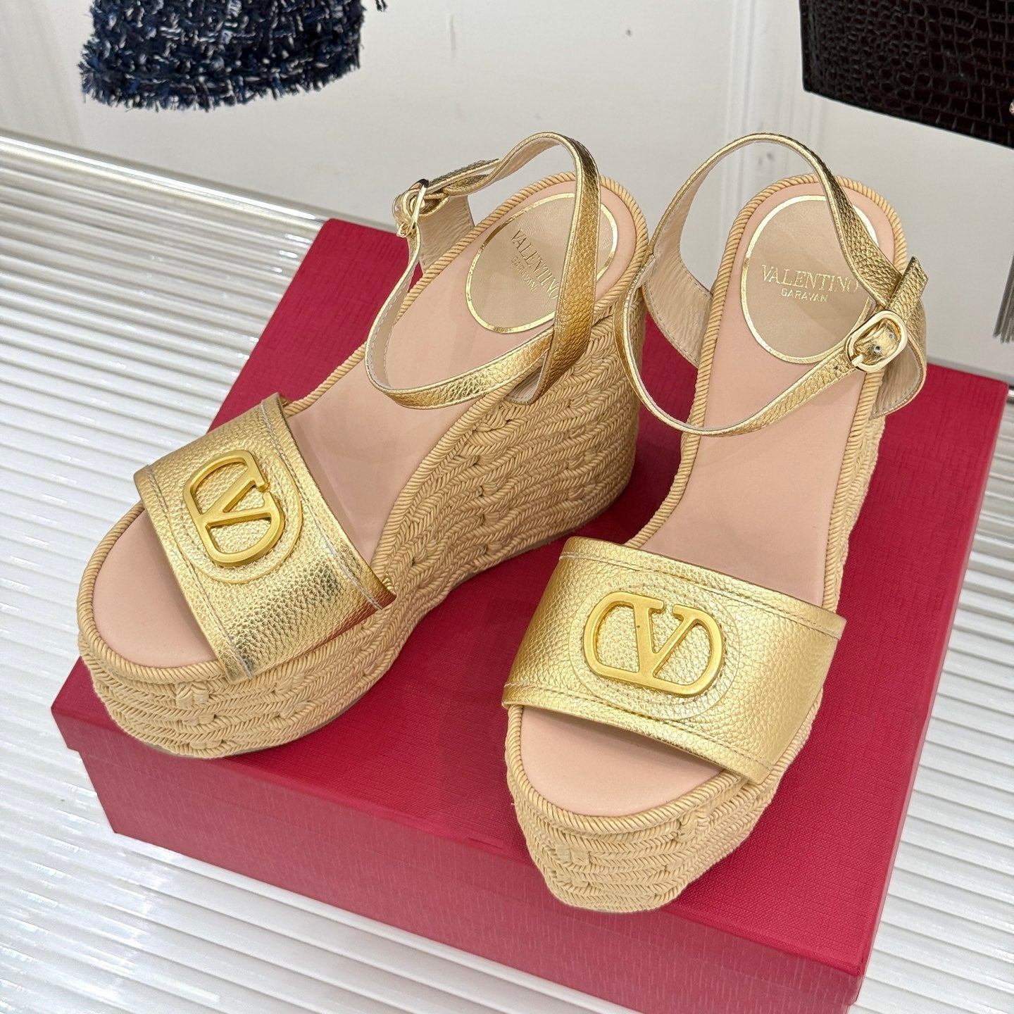 Valentino 2026 V-buckle Platform Sandal 120mm Gold beige Calfskin 161362