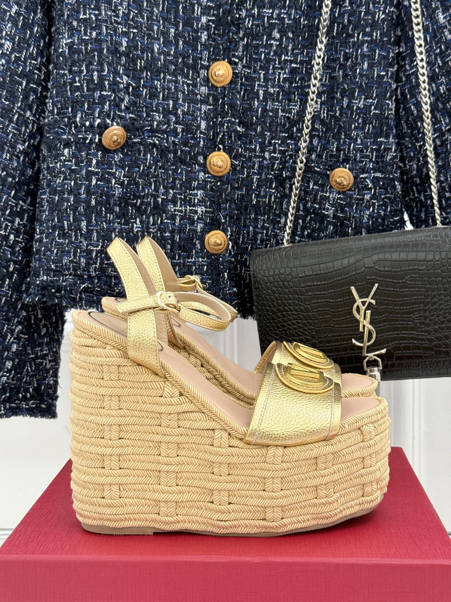 Valentino 2026 V-buckle Platform Sandal 120mm Gold beige Calfskin 161362