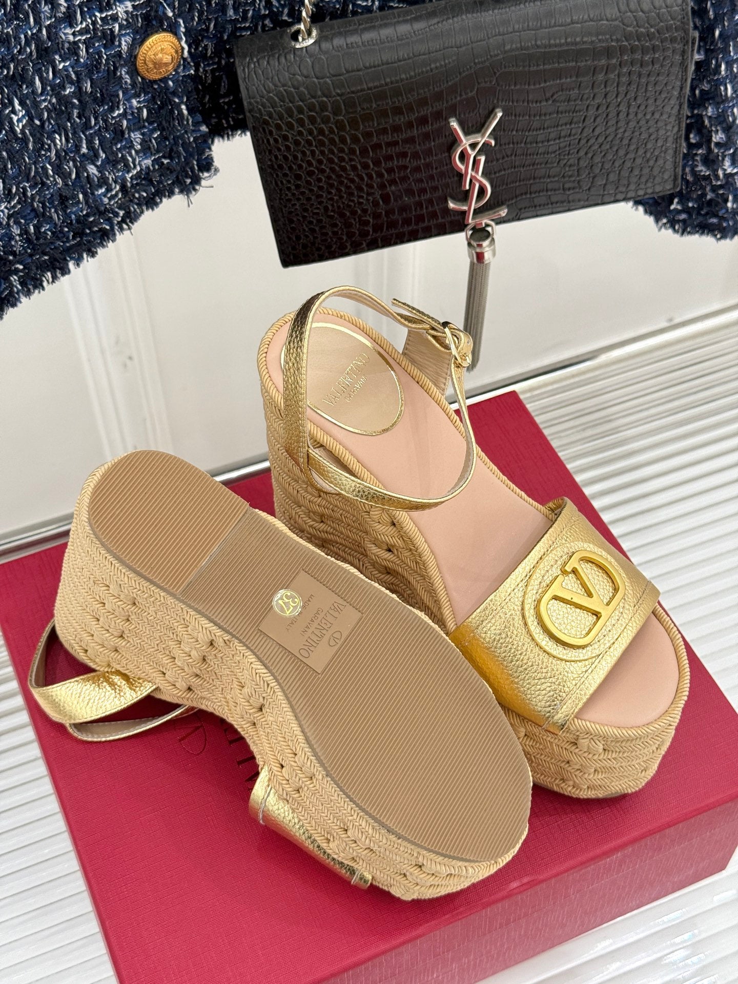 Valentino 2026 V-buckle Platform Sandal 120mm Gold beige Calfskin 161362