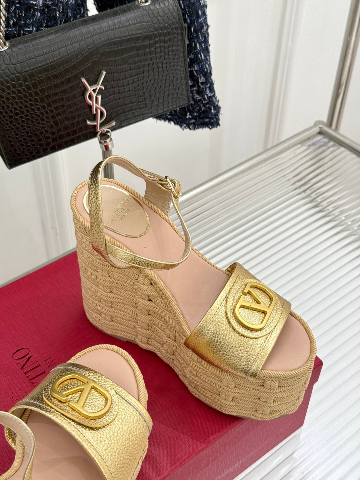 Valentino 2026 V-buckle Platform Sandal 120mm Gold beige Calfskin 161362