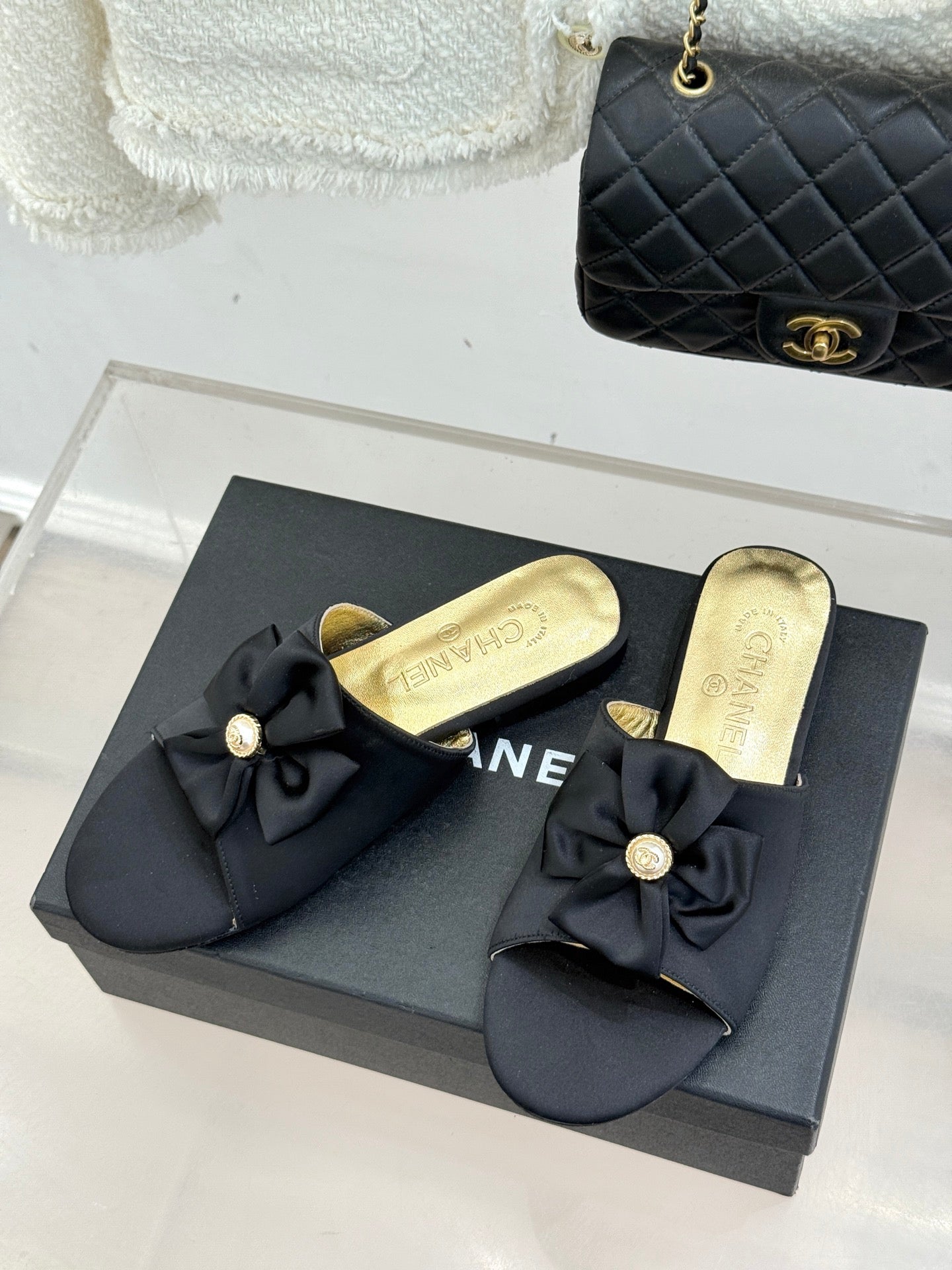 CC 26 Bow Flat Sandal Black Gold Satin Sheepskin 609799