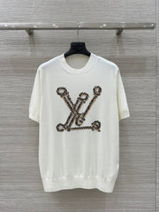 LV 25 Button Rope Jacquard Knitted T-Shirt White Wool Polyester
