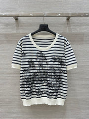 CD Coconut Knitted Short-sleeved Top Black mix White Cotton Polyester