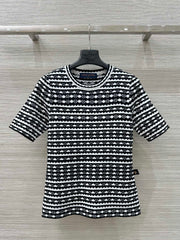 LV 25 Geometric Wave Pattern Round Neck Knitted T- Shirt Black Wool