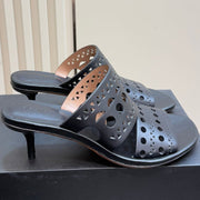 Alaia Vienne Cutout Kitten-Heel Slide Sandals Black Sheepskin 299661