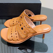 Alaia Vienne Cutout Kitten-Heel Slide Sandals Brown Sheepskin 299662