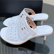 Alaia Vienne Cutout Kitten-Heel Slide Sandals White Sheepskin 299663