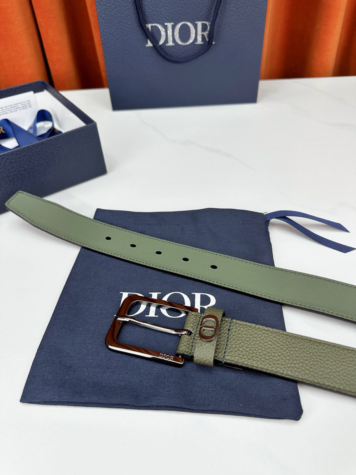 Dior 2026 CD Icon Grained Belt 35mm Moss Green Calfskin