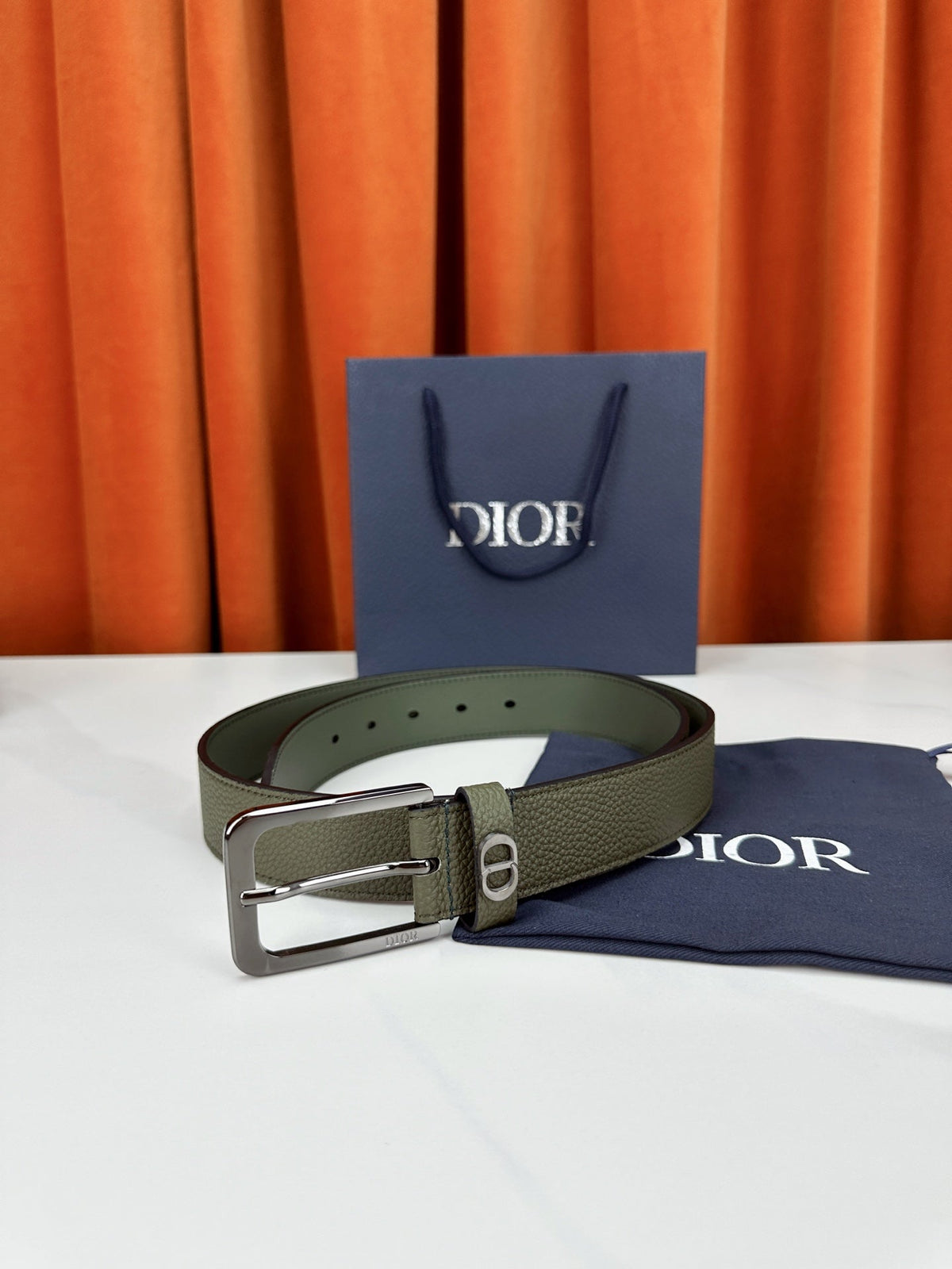 Dior 2026 CD Icon Grained Belt 35mm Moss Green Calfskin