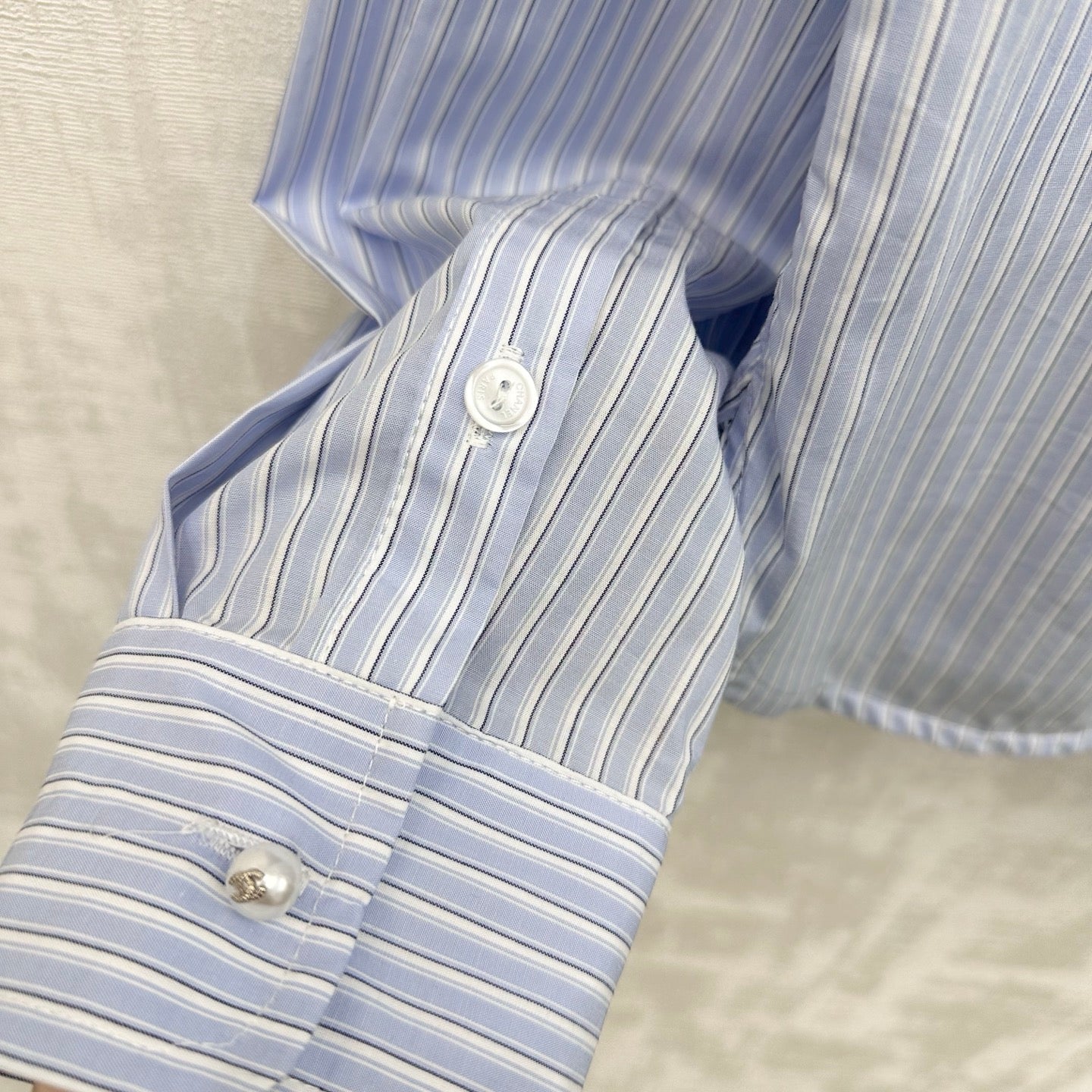 Chanel 2026 Pearl Button Chain Trim Short Shirt Blue Cotton 206642