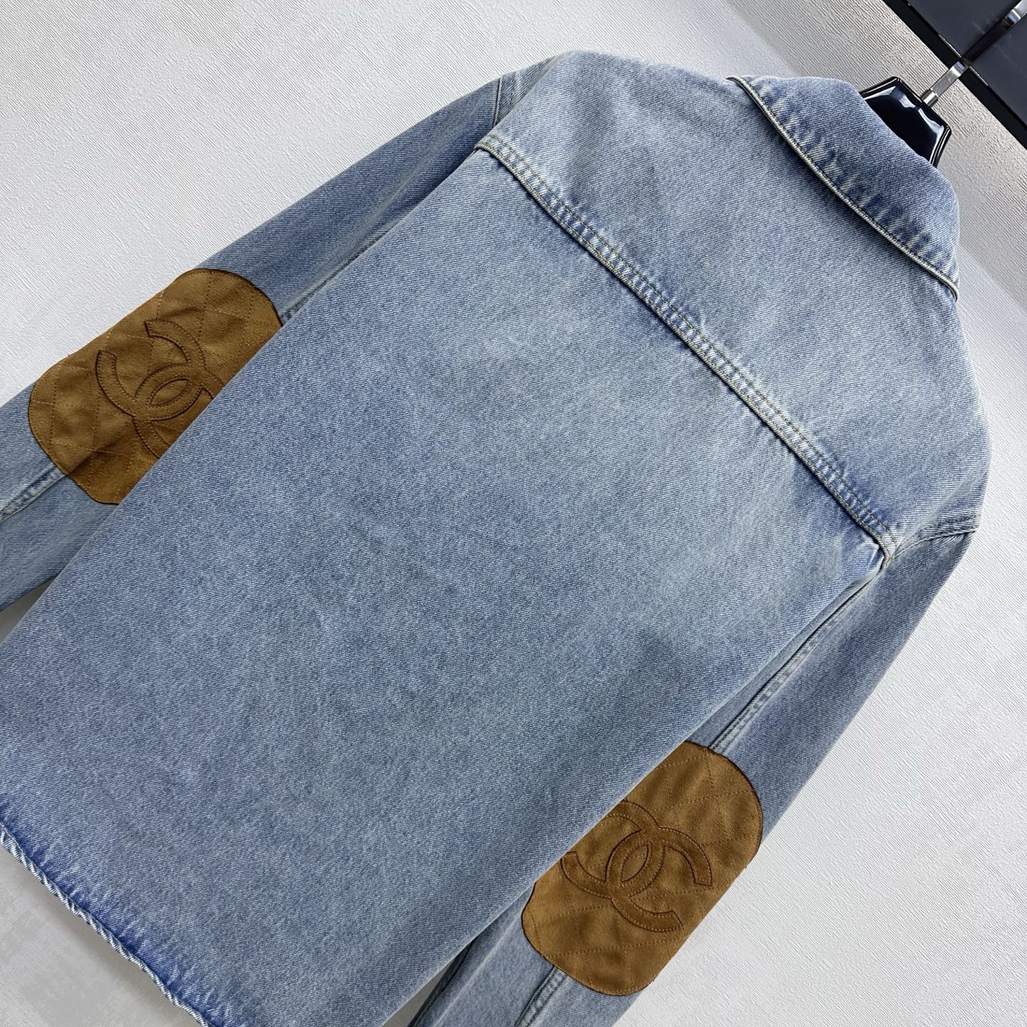 Chanel 2026 Checkered Denim Shirt with Sleeve Patches Light Blue Cotton 418505