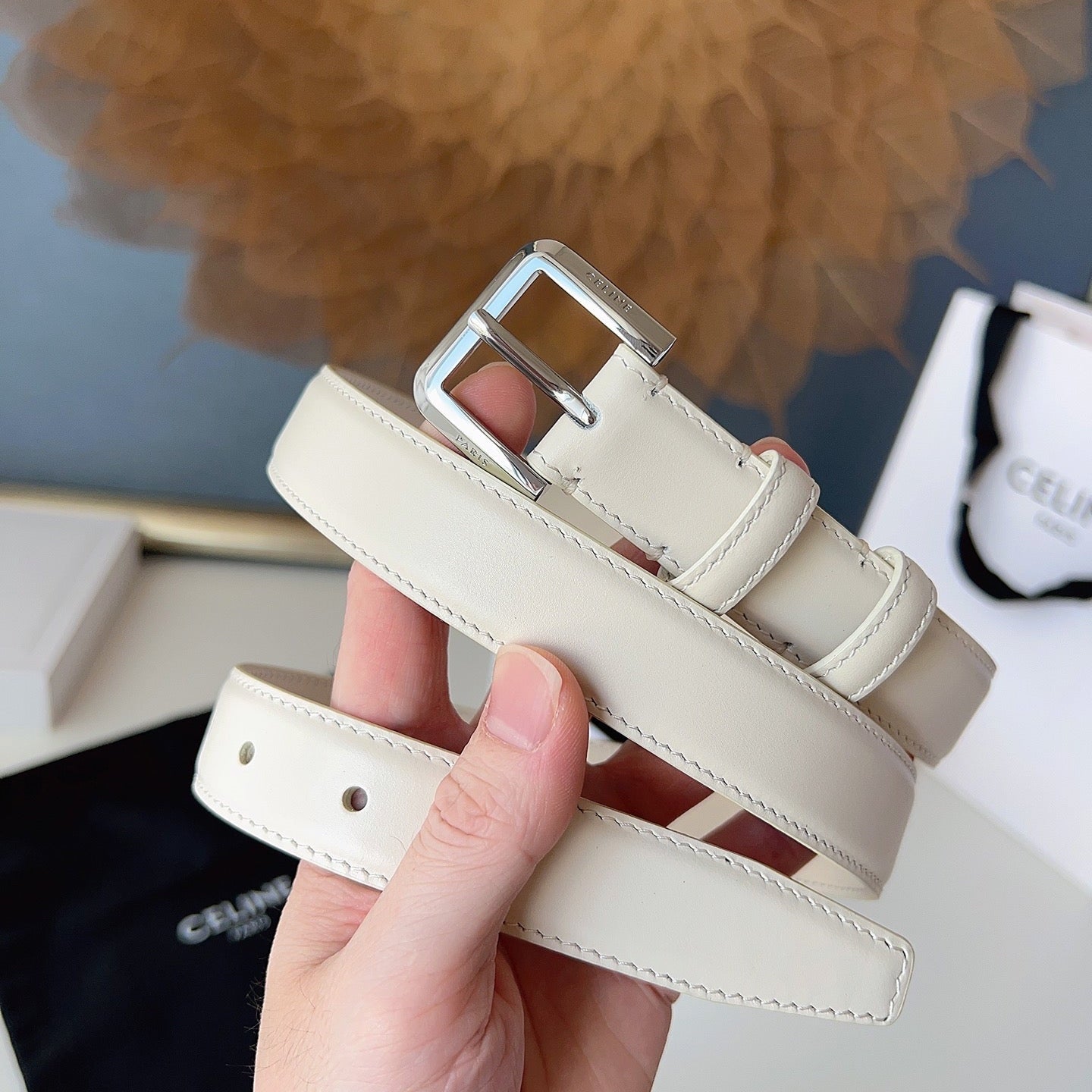 CL Sliver 25mm Triomphe Belt White Cowhide 616409