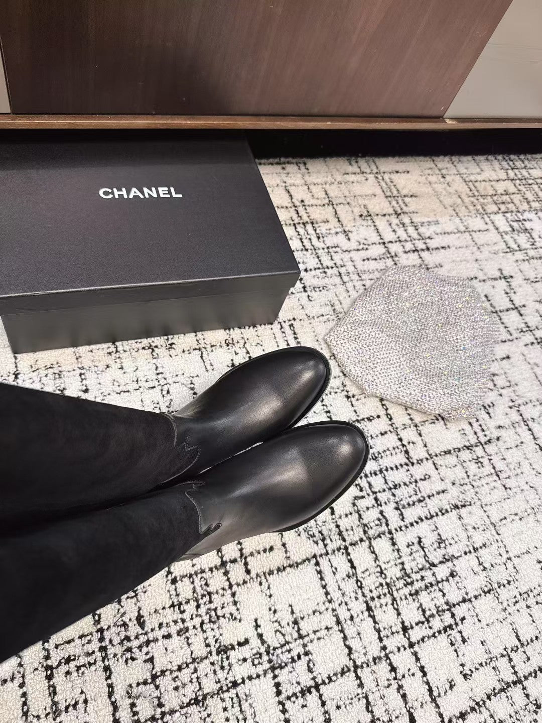 Chanel 25A Winter New Thigh Boots Black Cowhide Mix Suede 393520
