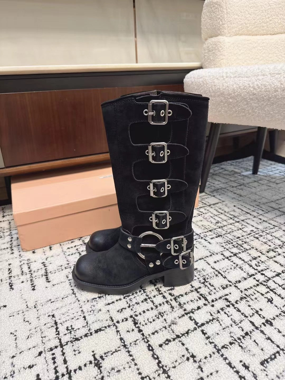 Miumiu 2026 Buckle-Detail Boots Suede Calfskin 952182