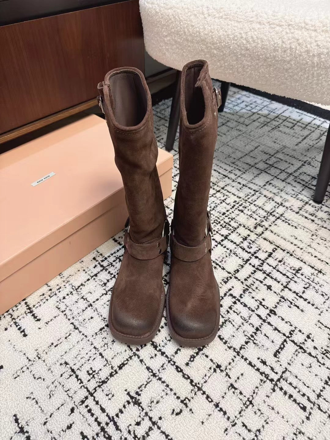 Miumiu 2026 High-Top Biker Boots Suede Calfskin 952185