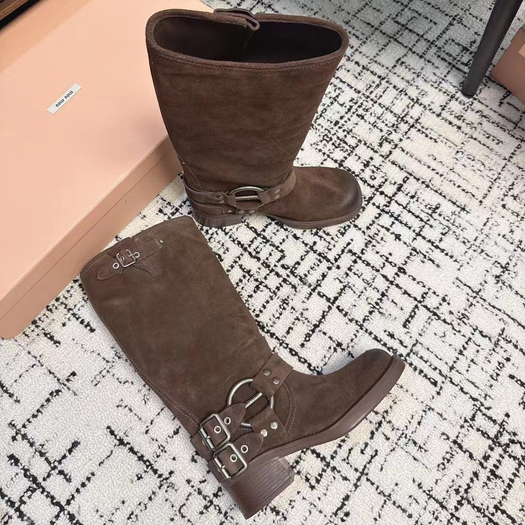 Miumiu 2026 High-Top Biker Boots Suede Calfskin 952185
