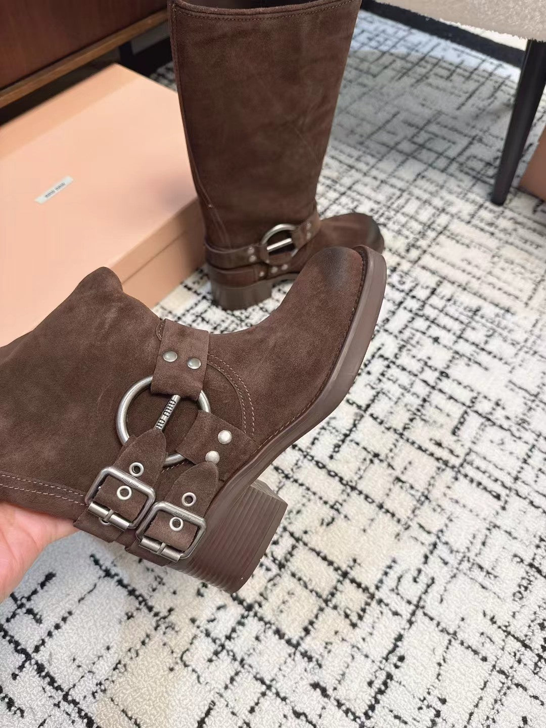 Miumiu 2026 High-Top Biker Boots Suede Calfskin 952185
