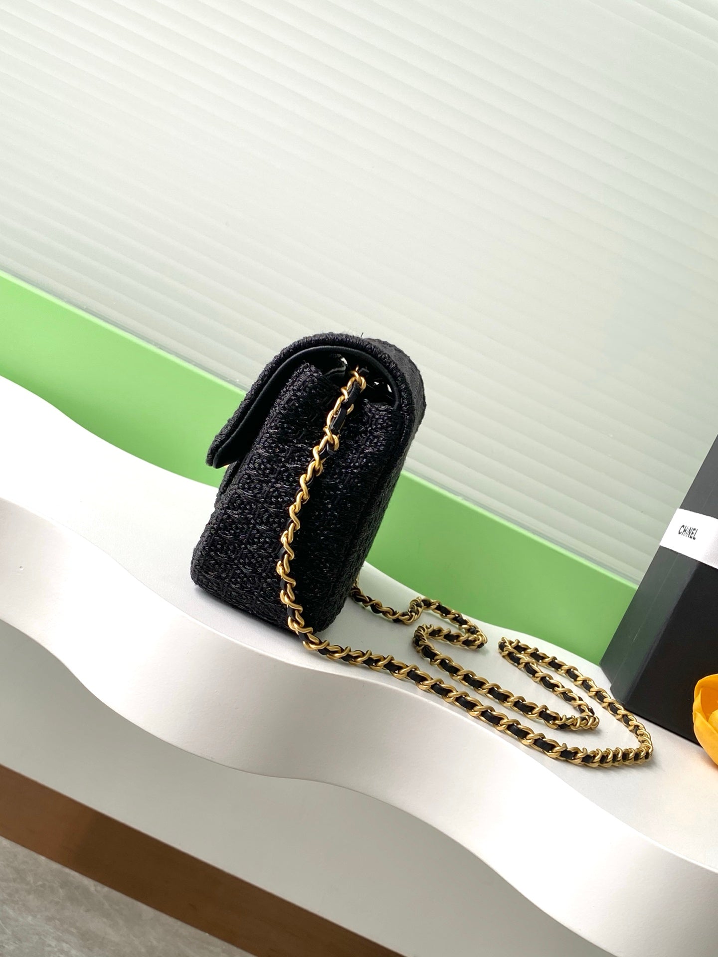 cc 25S Flap Bag 20cm Black Raffia