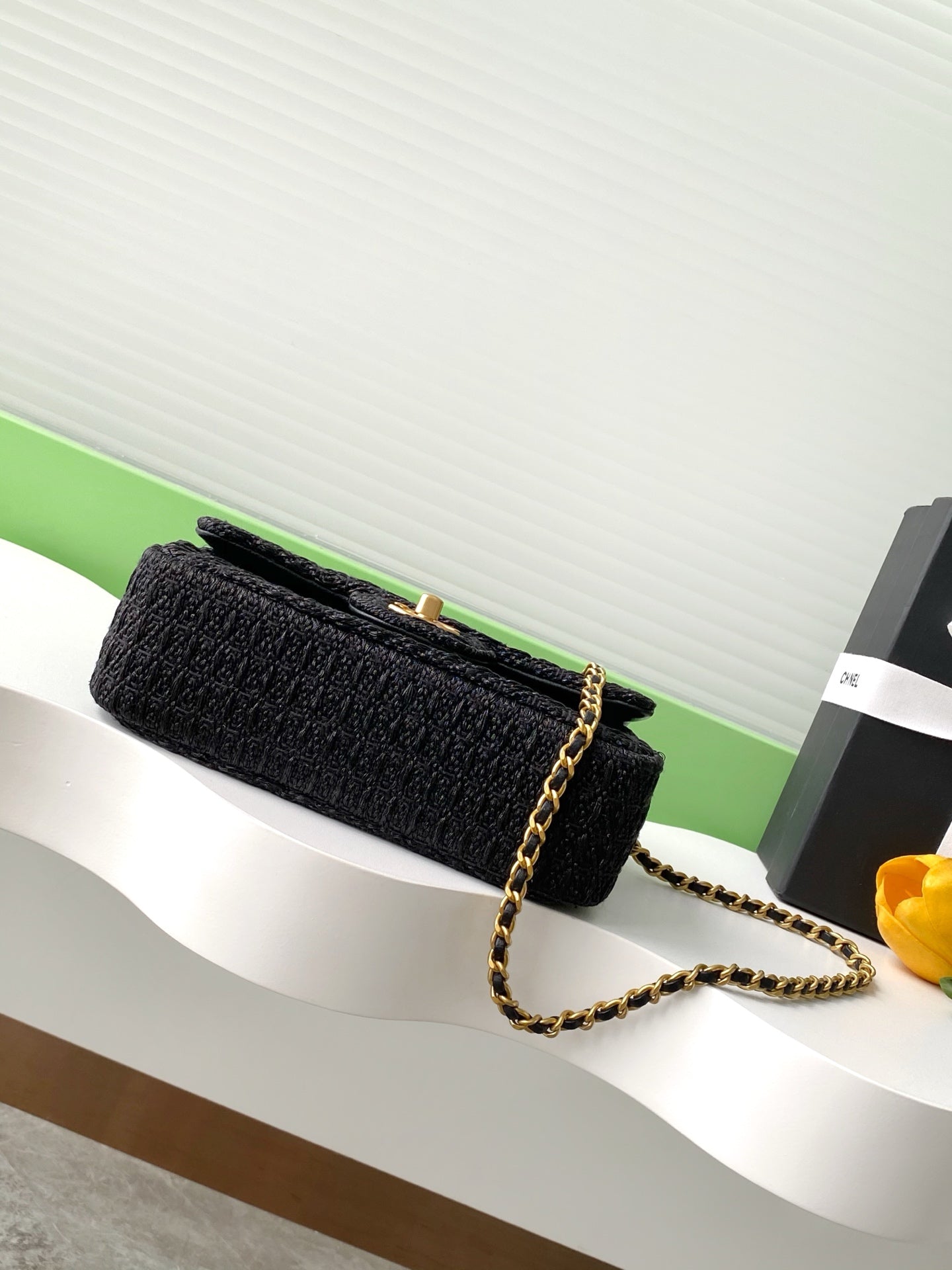 cc 25S Flap Bag 20cm Black Raffia