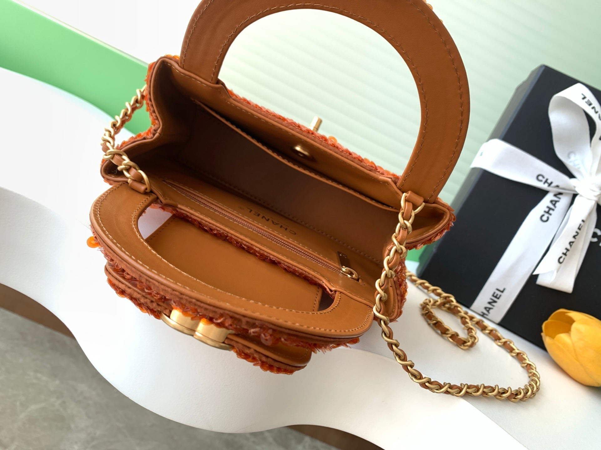 Chanel 2025 Kelly Bag 19cm Vibrant Orange Sequin Leather 319628