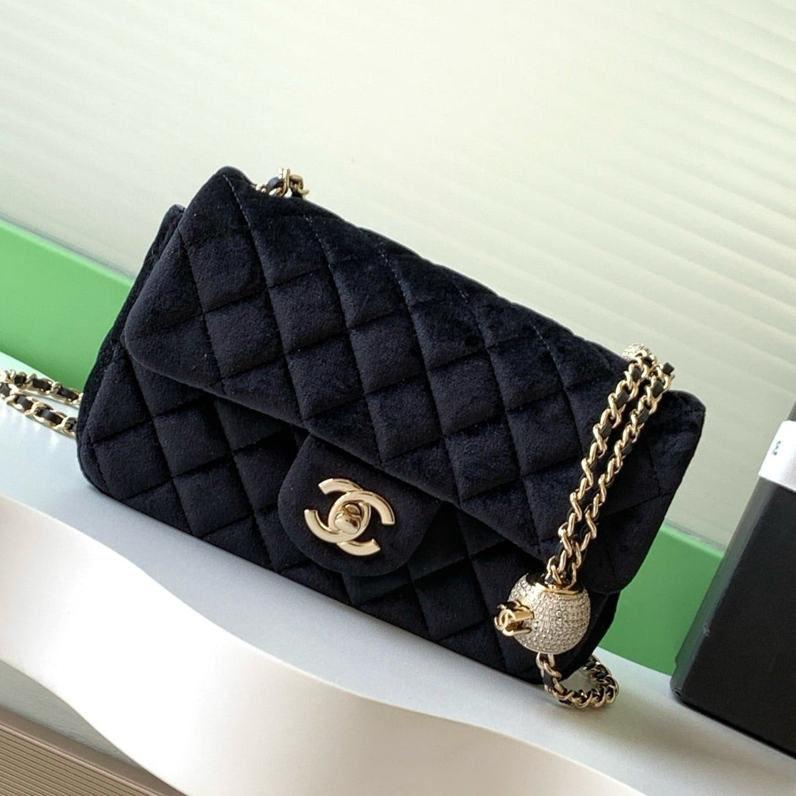 Chanel 2026 Pearl Crush Rectangular Flap 20cm Velvet Leather