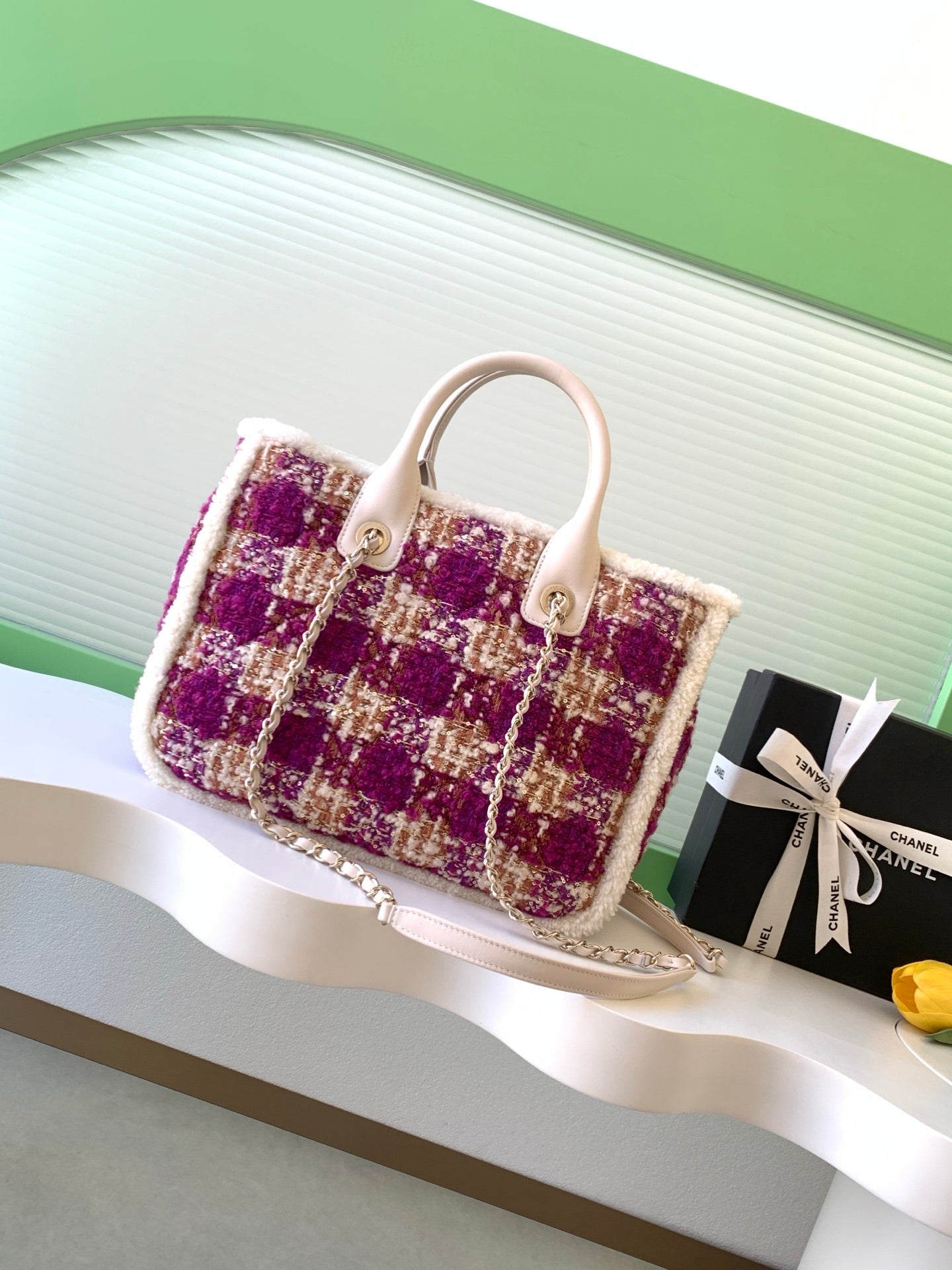 CC 2025 Bag Pink White Tweed Fabric Leather