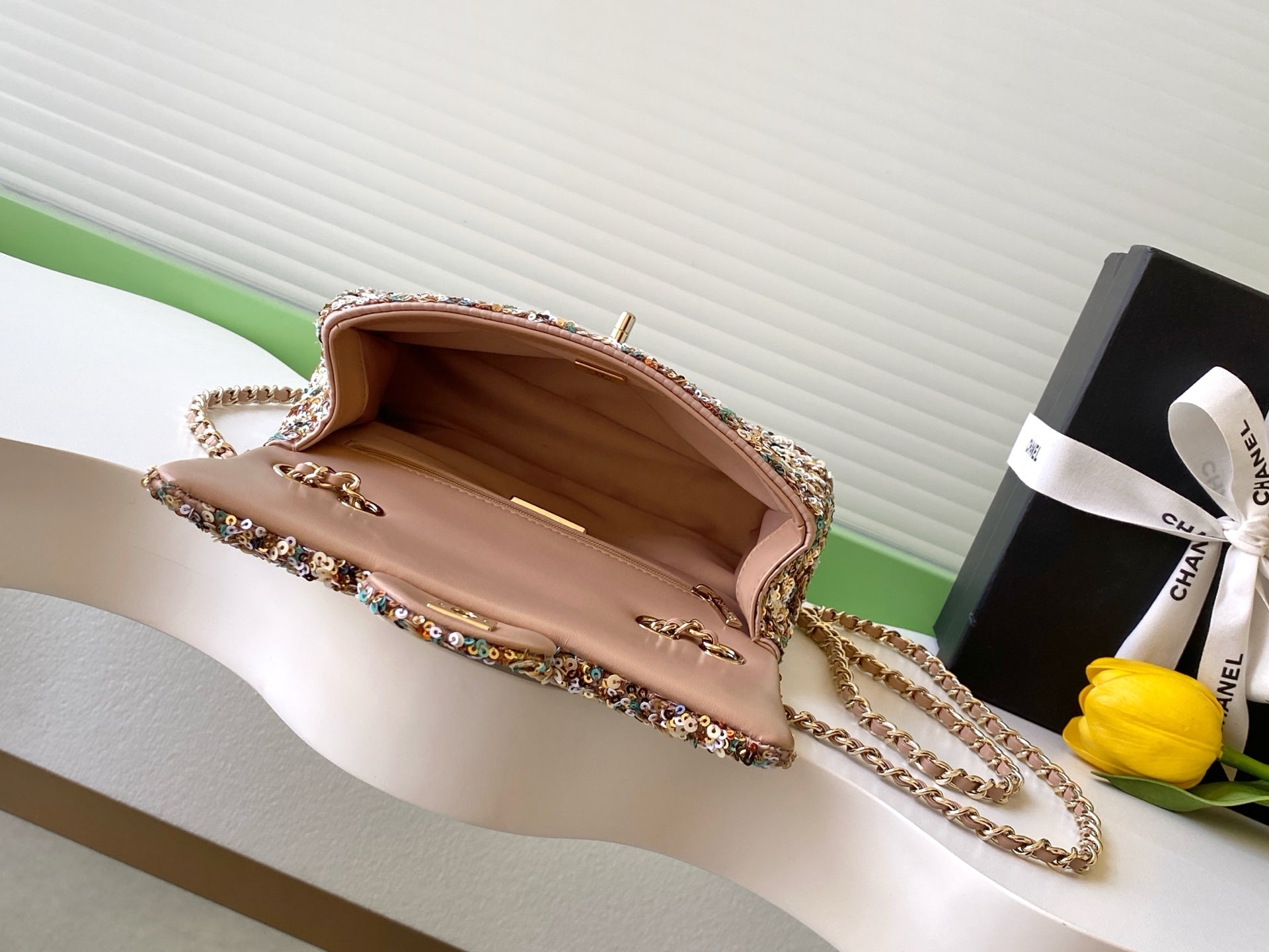 Chanel 2025 Flap Bag 21cm Beige mix Colors Sequin Leather 320284