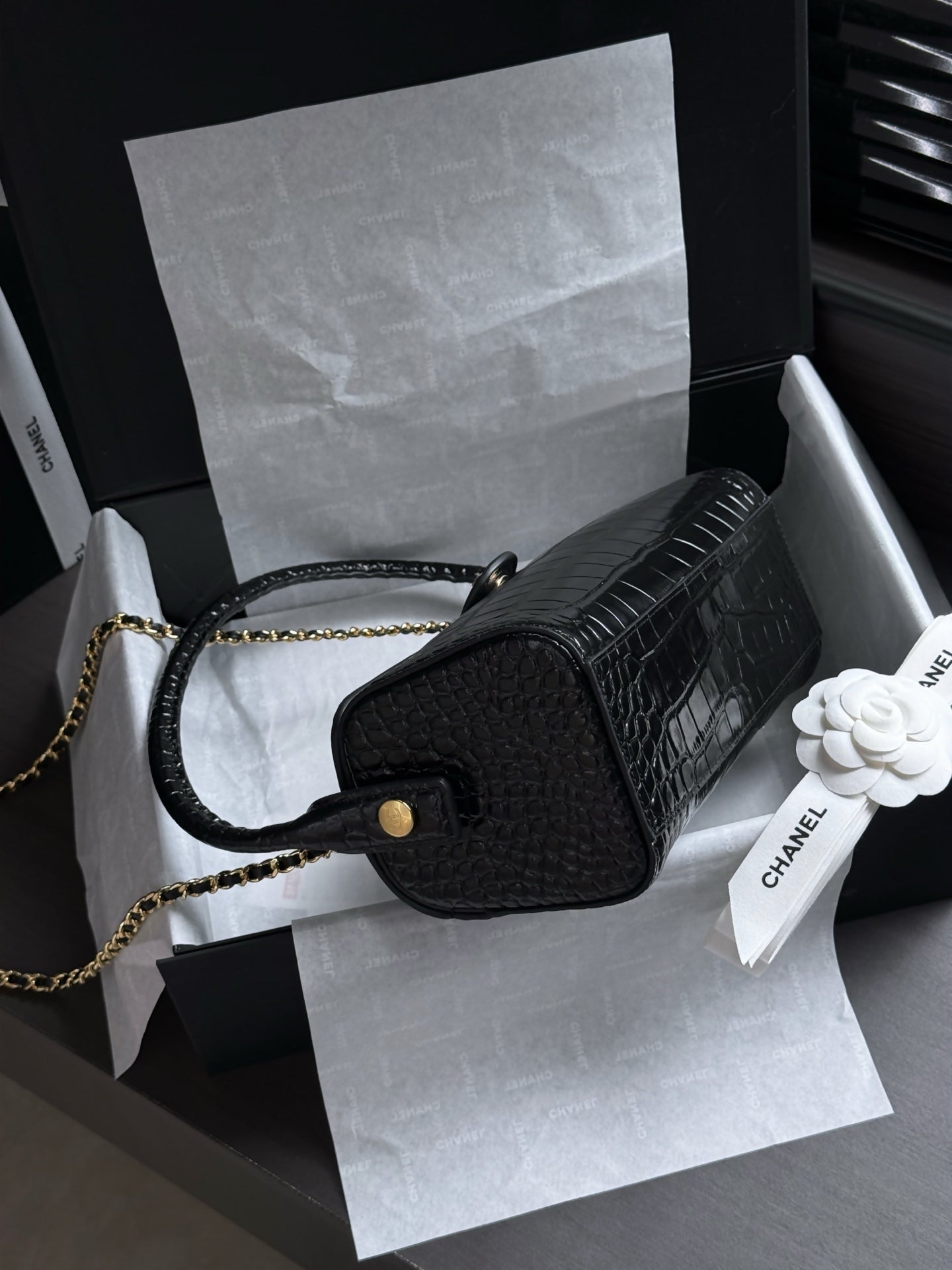 Chanel 2026 Crocodile Embossed Bowling Bag 23cm Calfskin