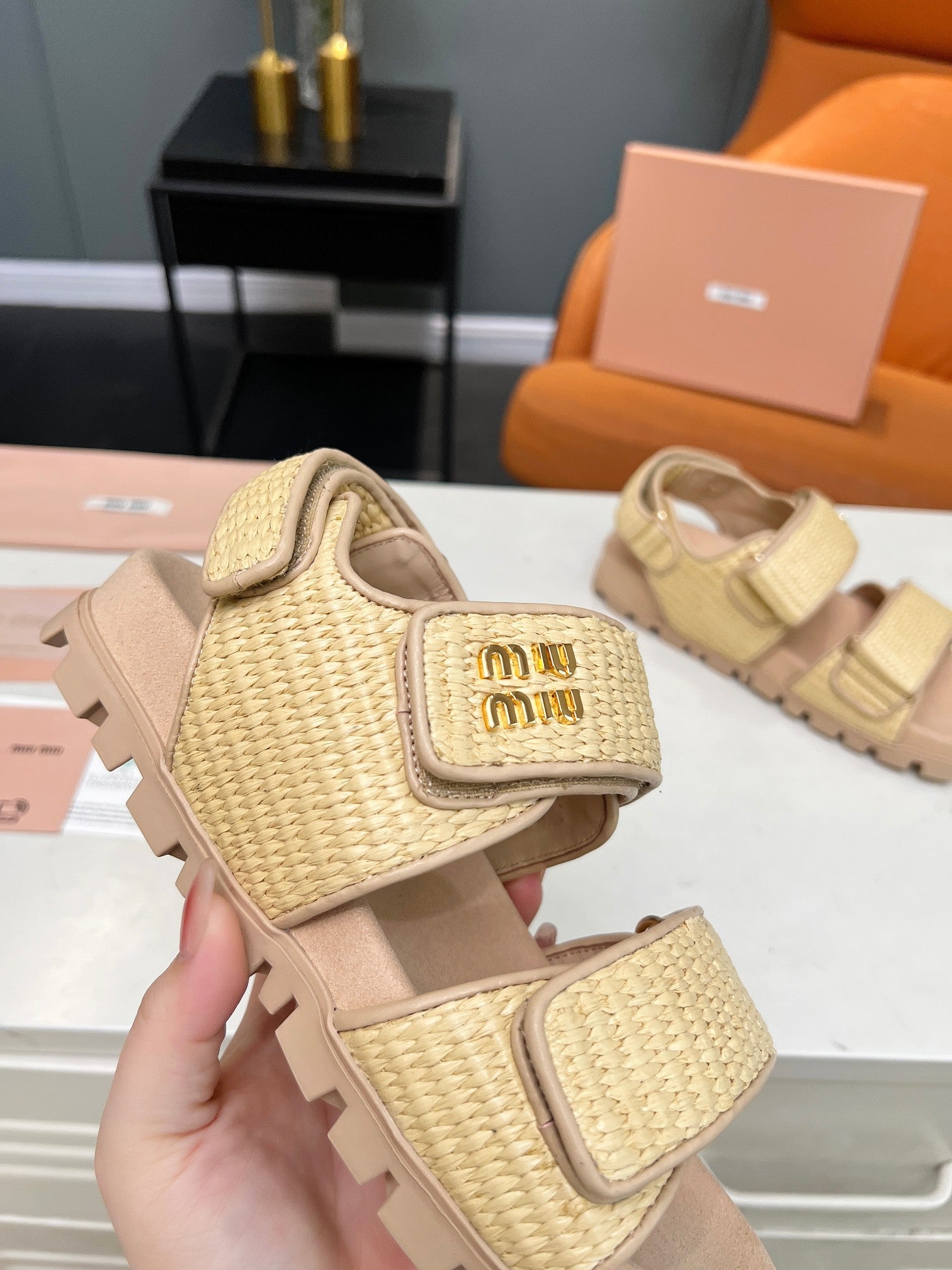 Miumiu 2026 Velcro Sandals Raffia Fiber 935597