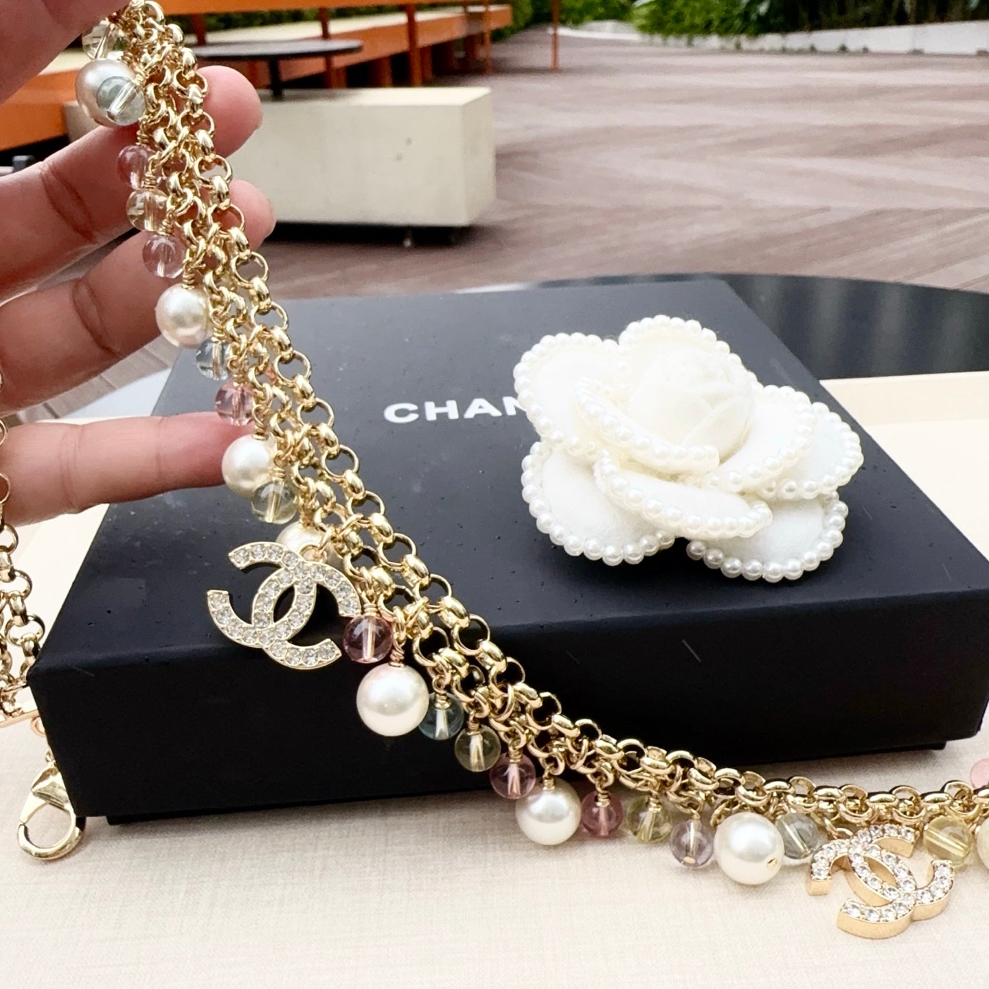 Chanel 2026 Pearl Crystal Charm Layered Chain Belt 208038