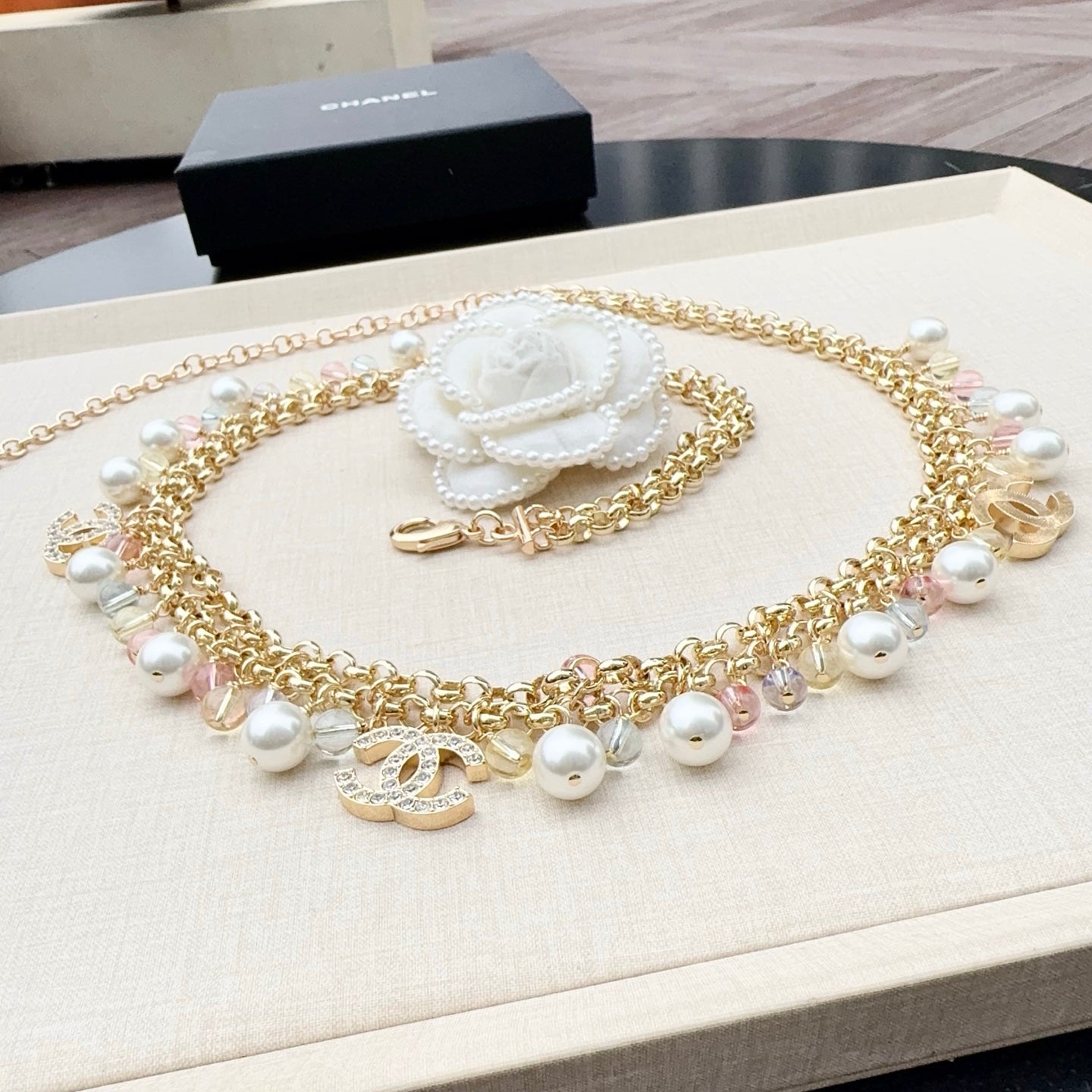 Chanel 2026 Pearl Crystal Charm Layered Chain Belt 208038