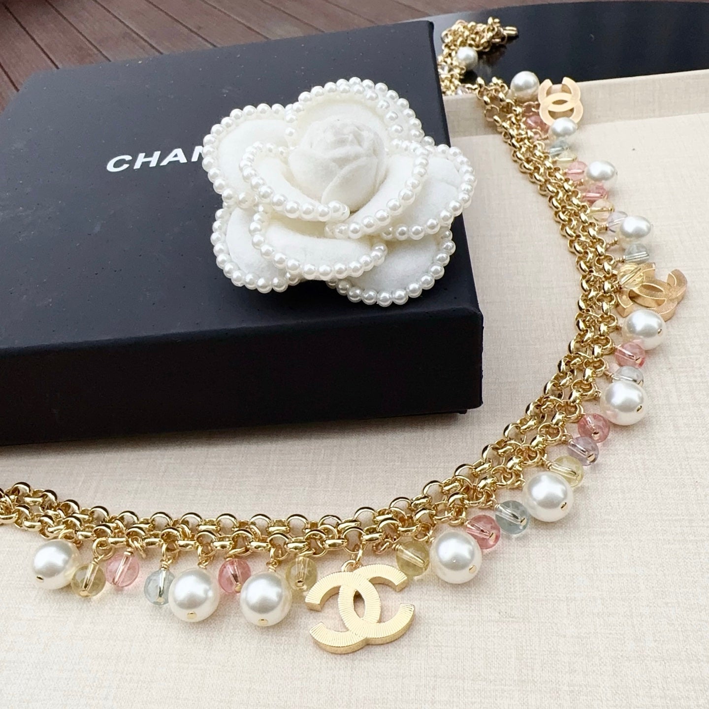 Chanel 2026 Pearl Crystal Charm Layered Chain Belt 208038
