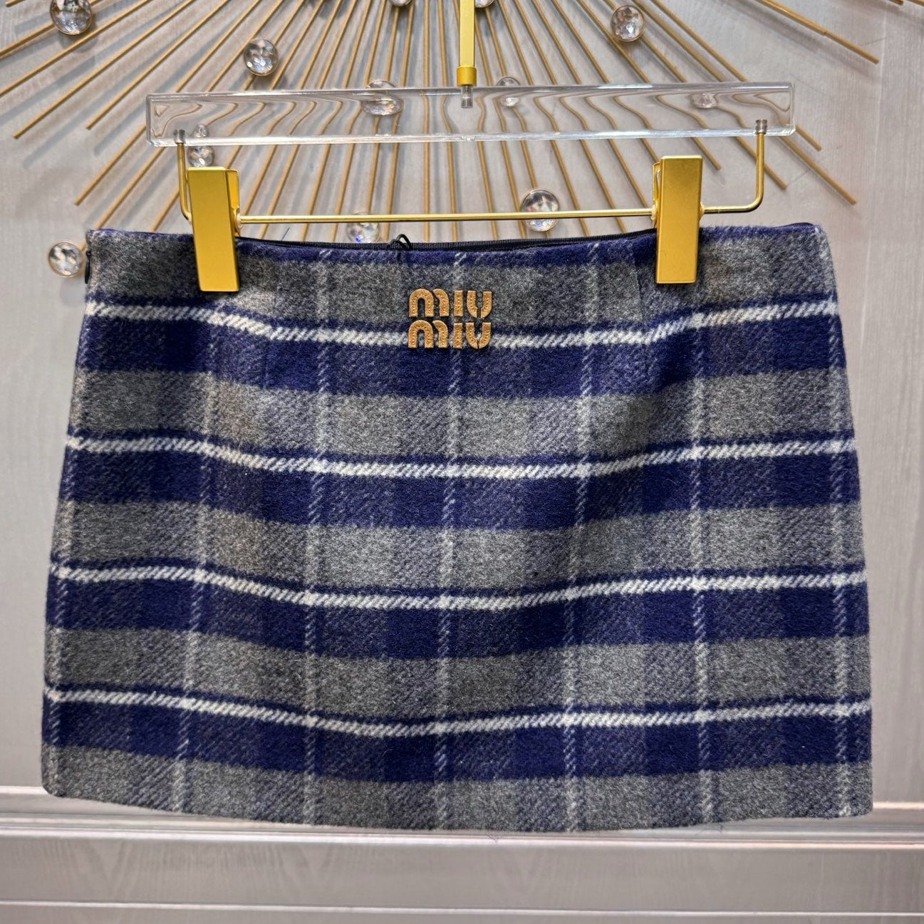 Miumiu 2026 Plaid Midi Skirt Blue-Gray Wool Viscose