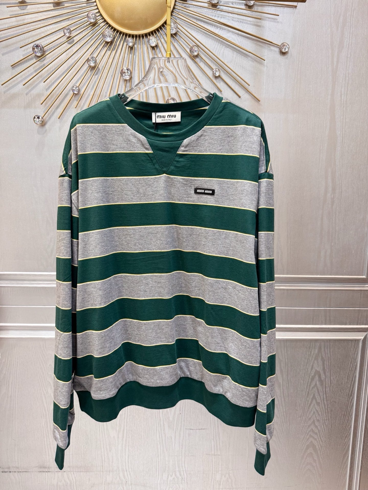 Miumiu 2026 Striped Long-sleeved T-shirt Green mix Gray Cotton