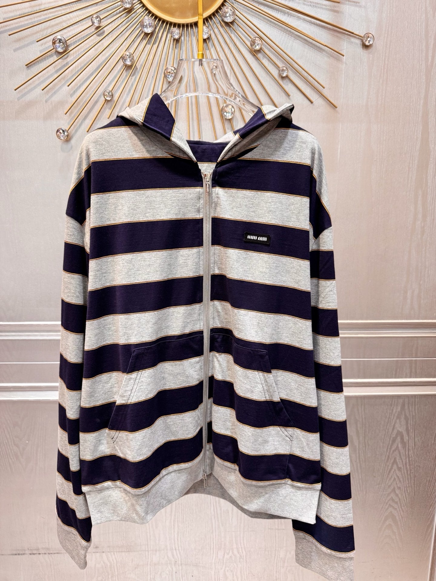 Miumiu 2026 Striped Hoodie Grey mix Blue Cotton