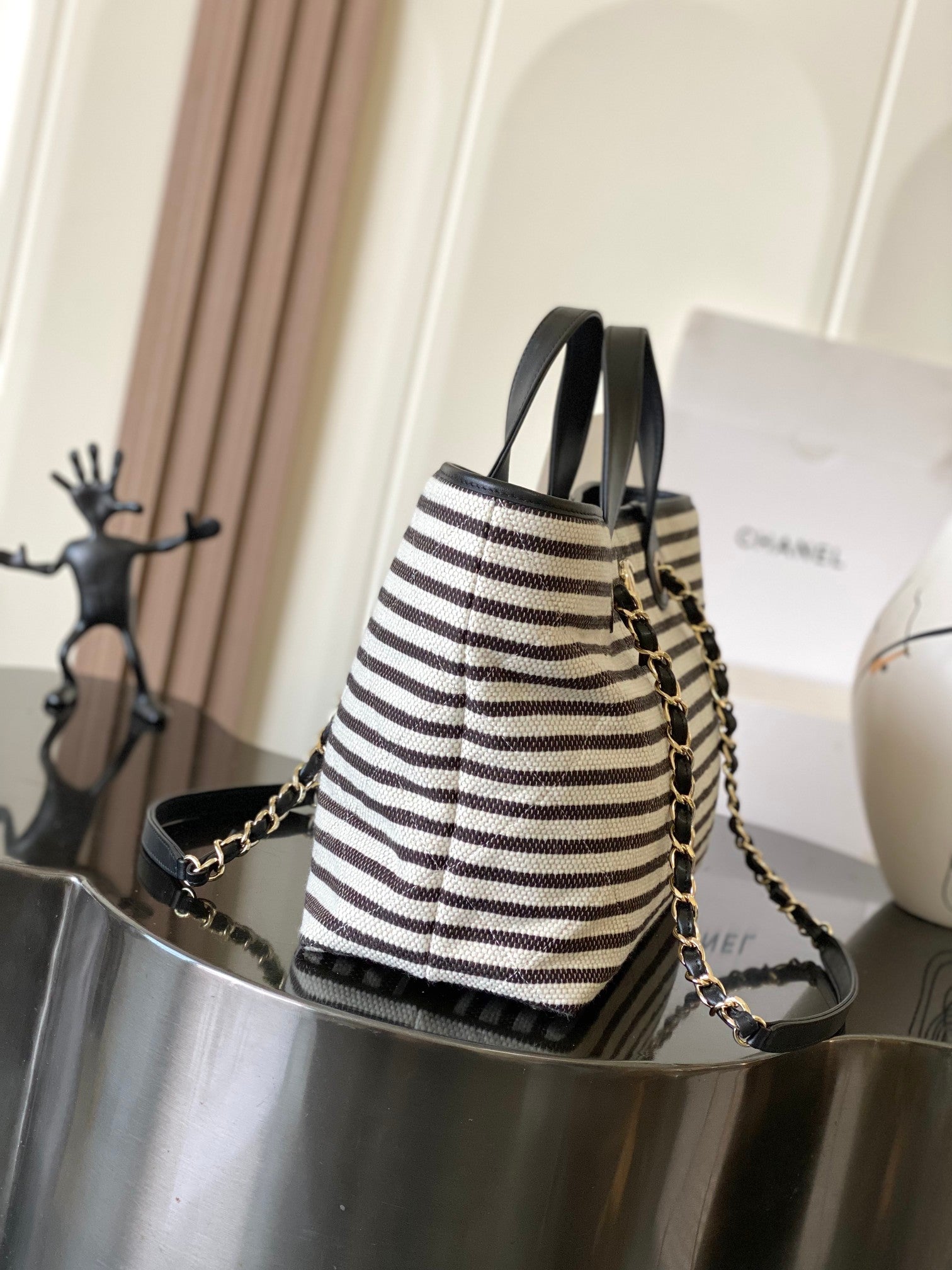 Chanel 2026 Deauville Tote Bag 46cm Black mix White Canvas Leather 331127