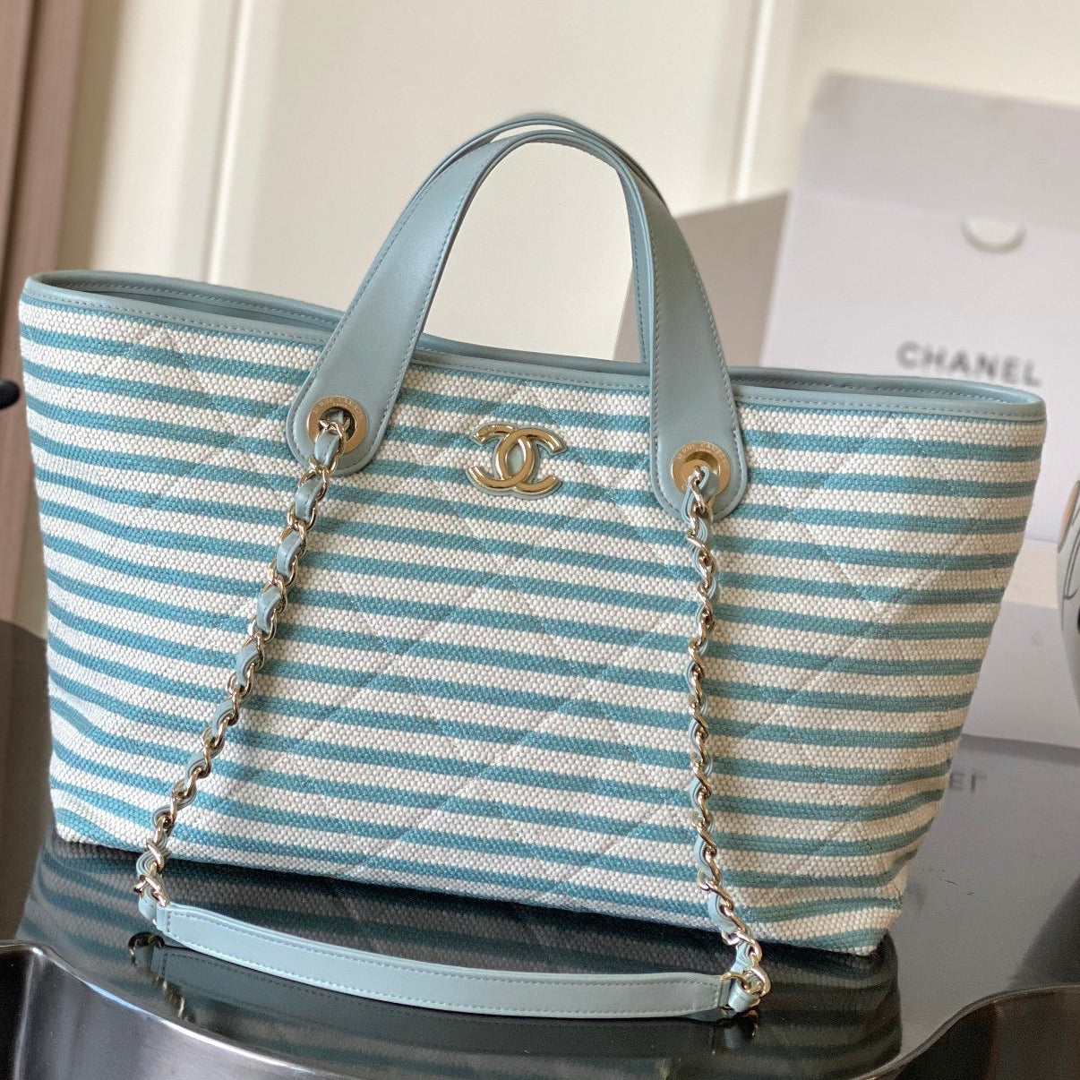 Chanel 2026 Deauville Tote Bag 46cm Light Blue mix White Canvas Leather 331129