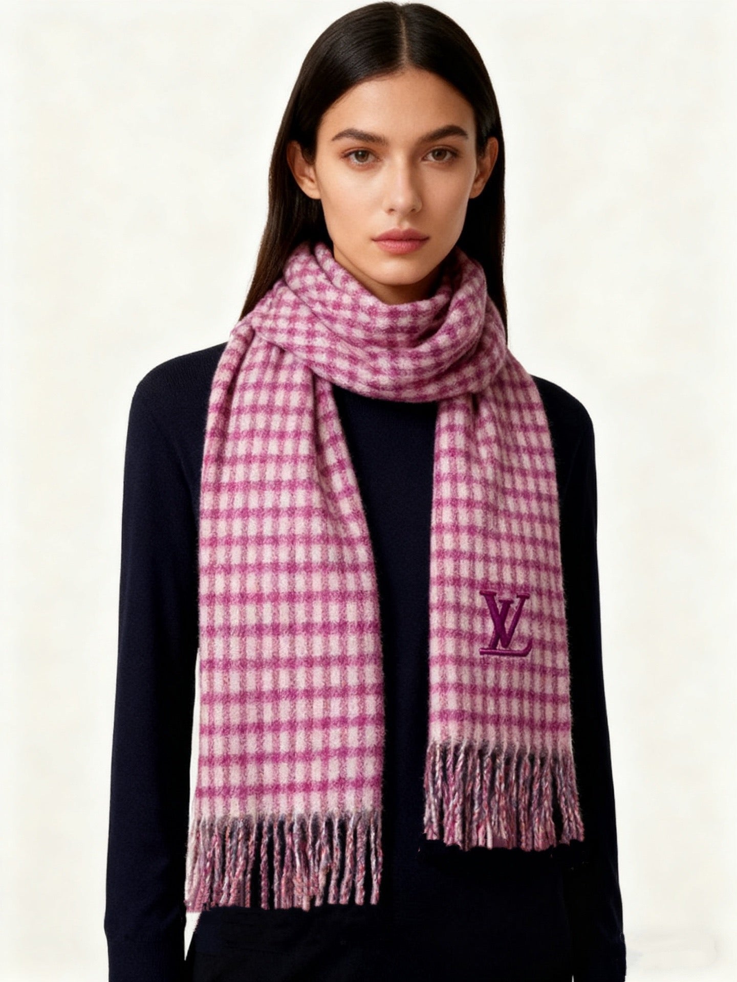 LV Embroidery Scarf 180cm Dark Pink Cashmere 967130