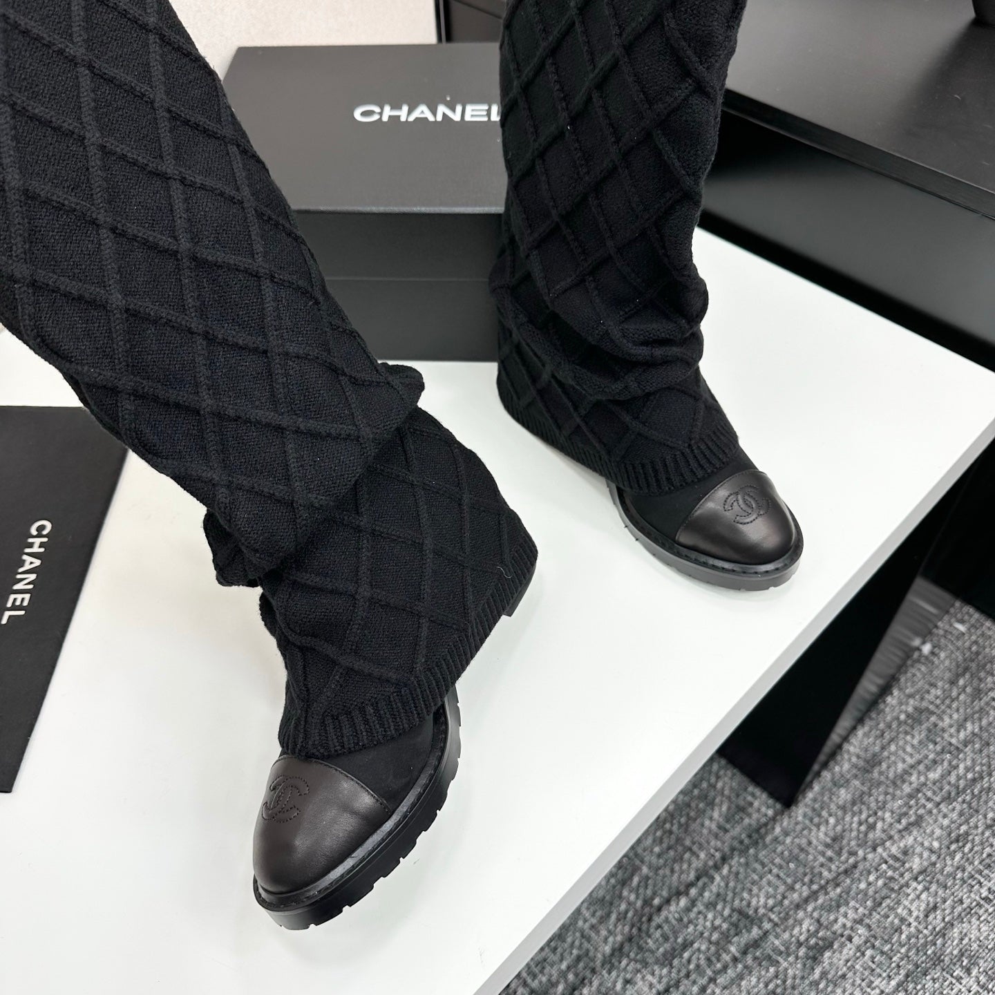 Chanel 2026 CC Buttoned Knitted Knee-High Boots Wool 985768