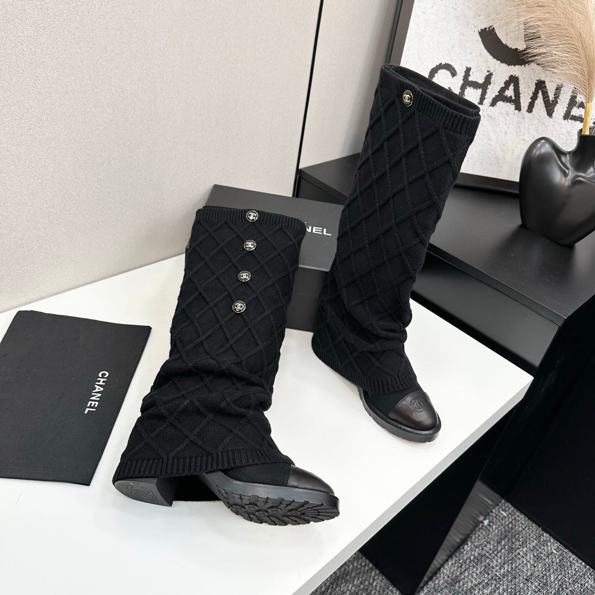 Chanel 2026 CC Buttoned Knitted Knee-High Boots Wool 985768