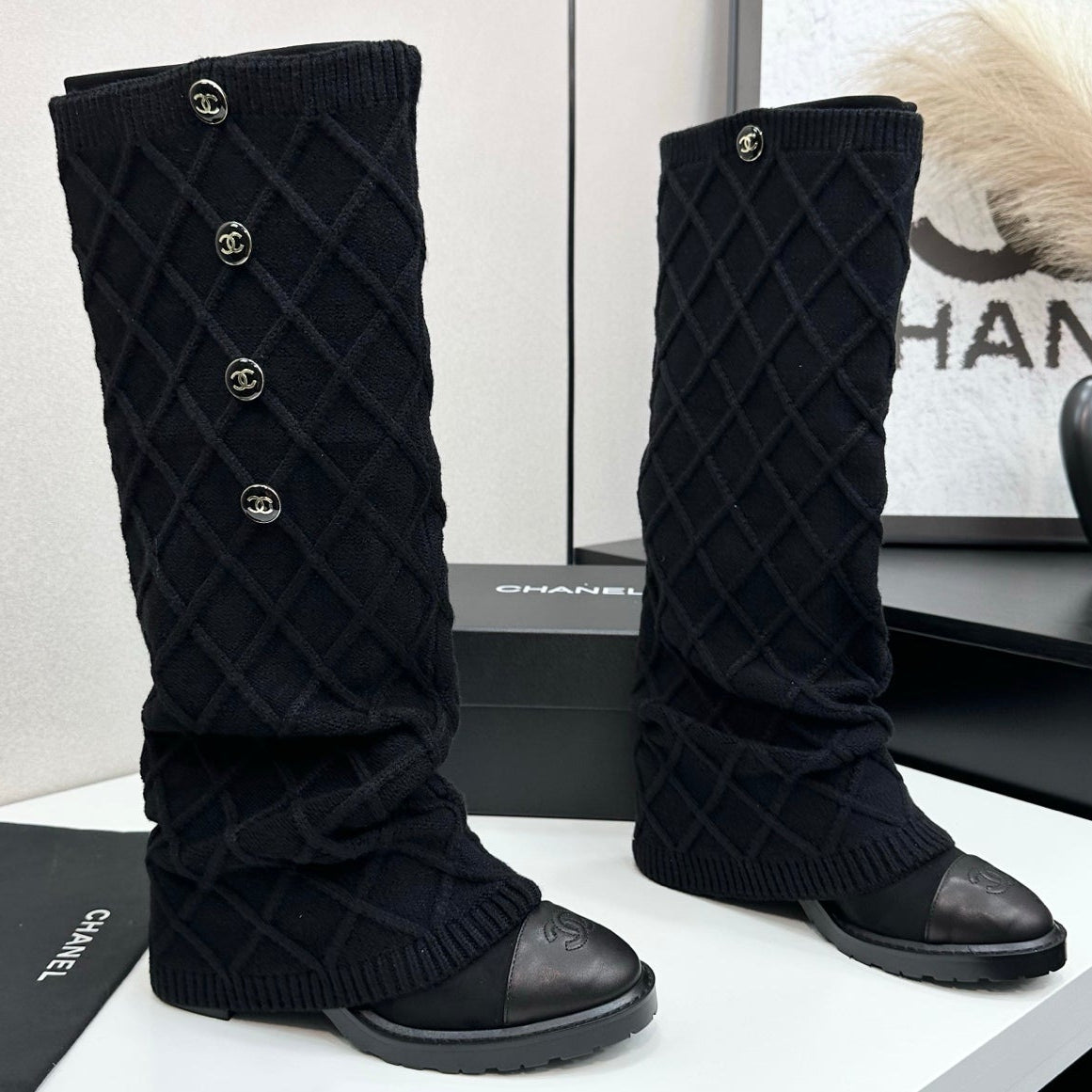 Chanel 2026 CC Buttoned Knitted Knee-High Boots Wool 985768