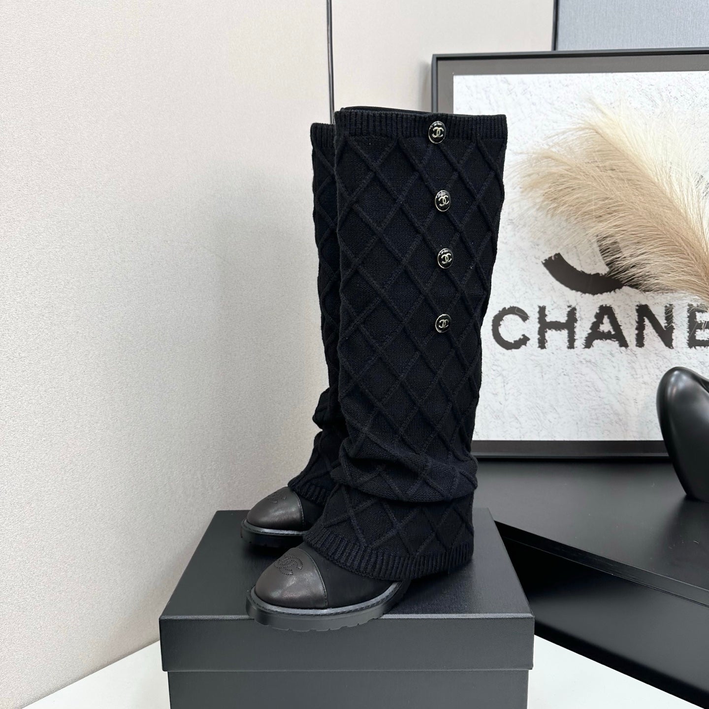 Chanel 2026 CC Buttoned Knitted Knee-High Boots Wool 985768
